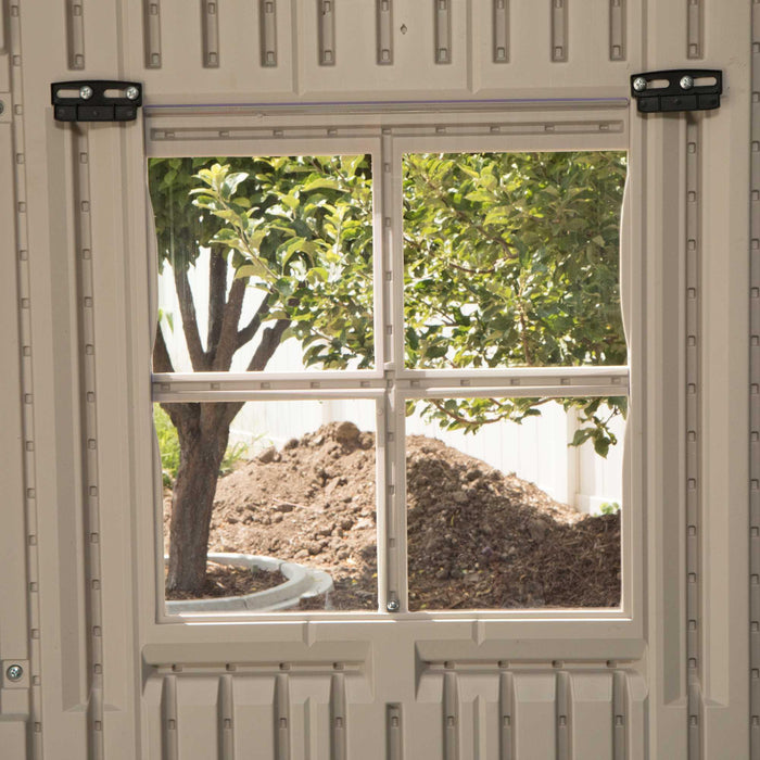 An interior view of the window in a  Lifetime 17.5 Ft. X 8 Ft. Outdoor Storage Shed