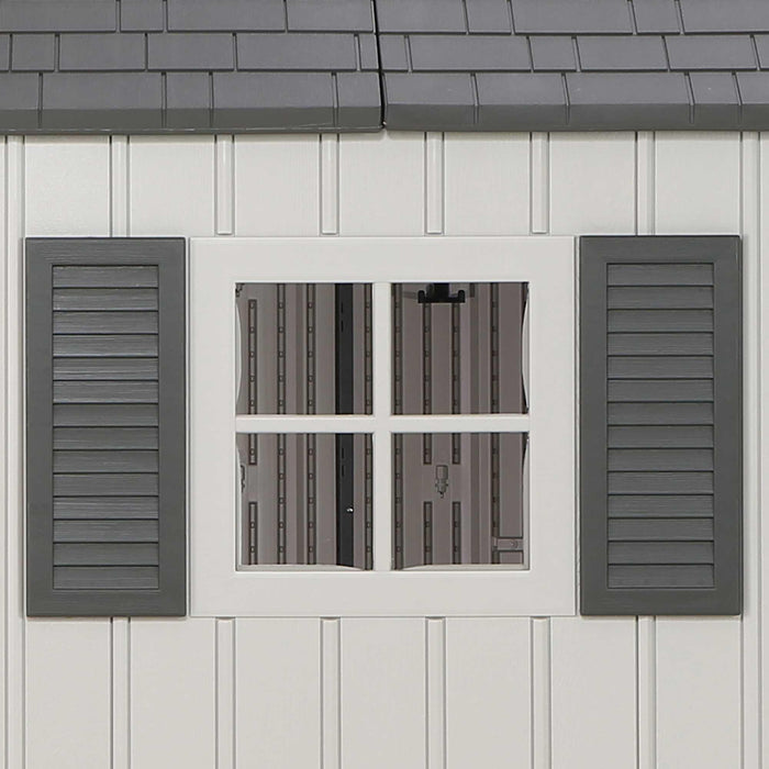 A window with shutters from a shed by Lifetime 17.5 Ft. X 8 Ft. Outdoor Storage Shed