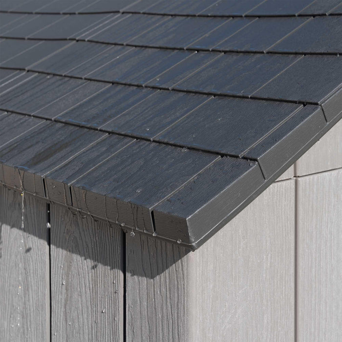 An angled view of a roof of a storage shed
