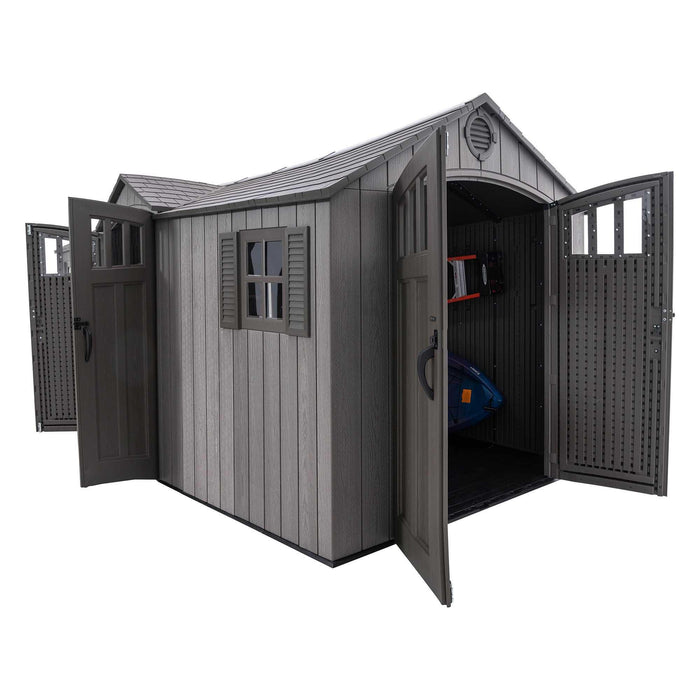 An angled view of a 20 Ft. X 8 Ft. Storage Shed with two doors open.