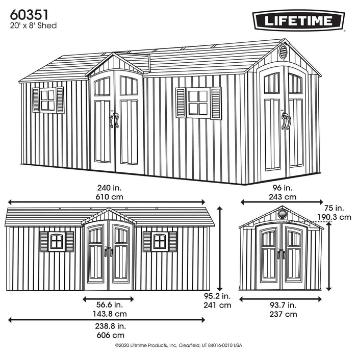 A detailed diagram showing the dimensions of a Lifetime 20 Ft. X 8 Ft. Outdoor Storage Shed - 60351, a product by Lifetime brand.