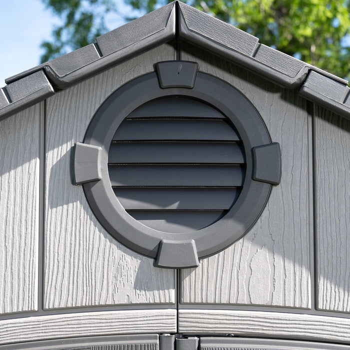 A close up of a vent of a storage cabin