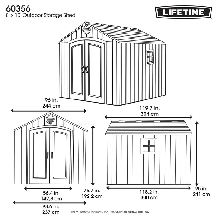 A diagram showing the dimensions of a Storage Shed by Lifetime.