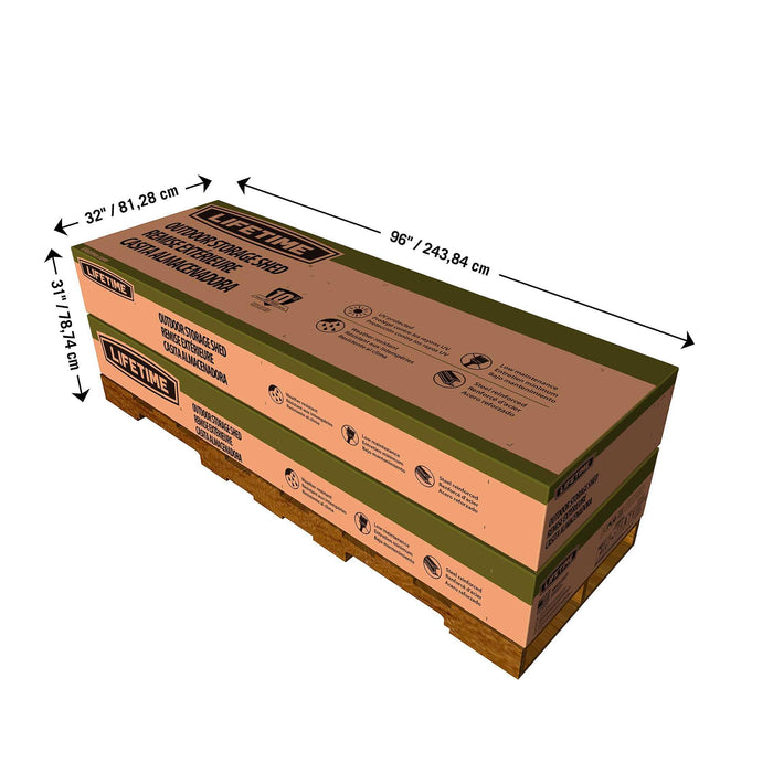 A diagram showing the dimensions of packaging of a storage shed 