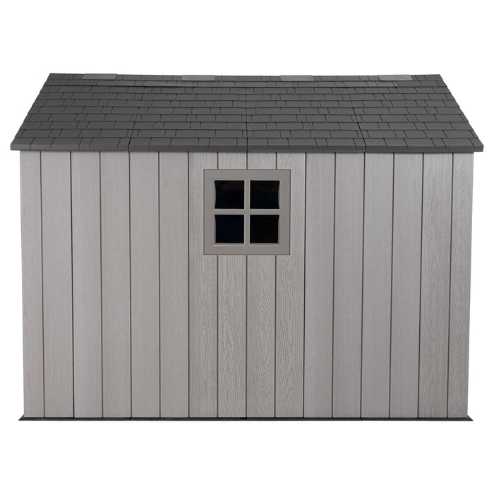 Side view of a storage cabin featuring a window on a white background