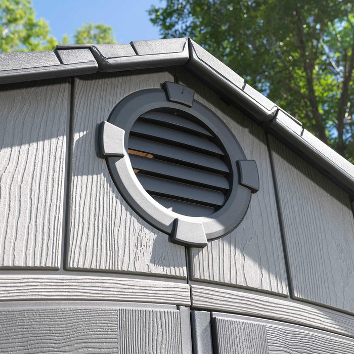A close up detail of a vent of a storage cabin