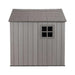Side view of a storage cabin featuring a window on a white background.