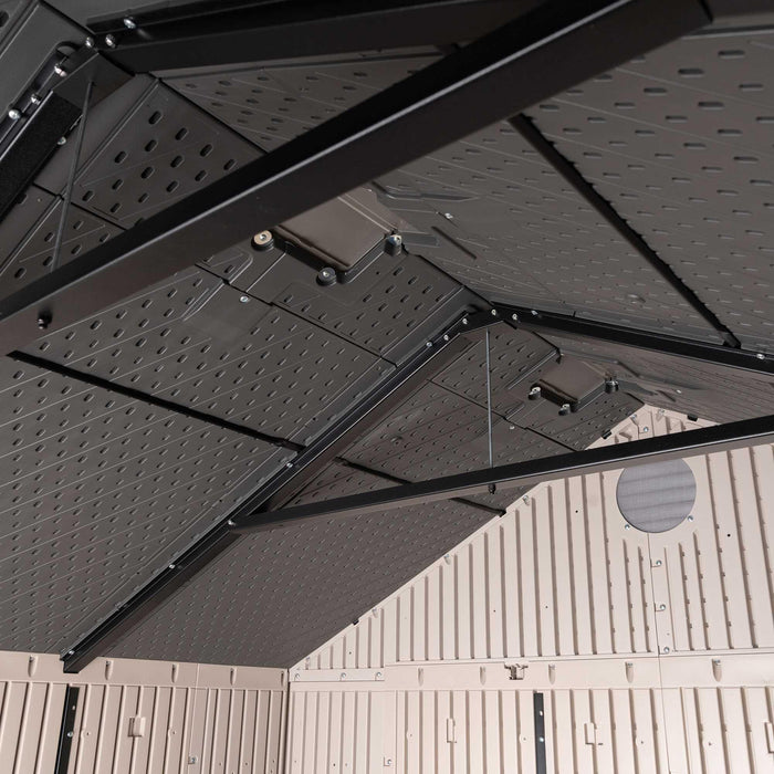Interior view of ceiling of a storage shed
