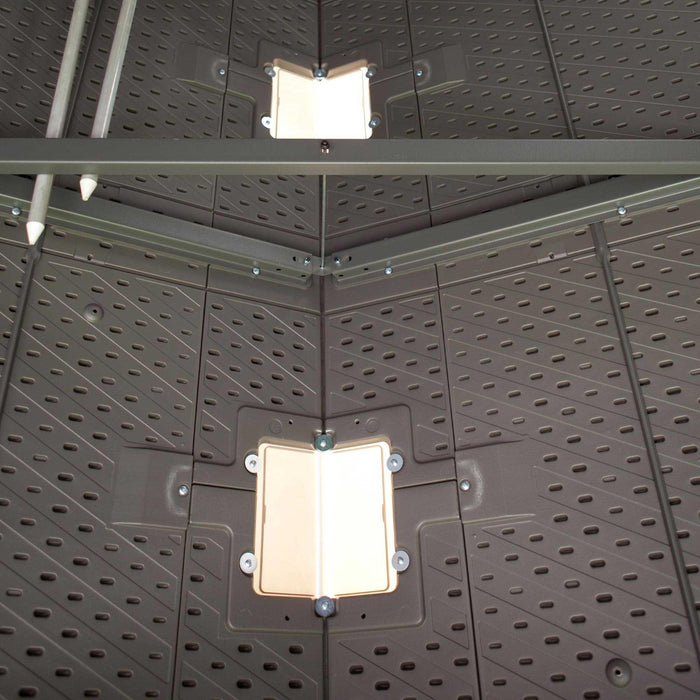 An inverted view of the ceiling of a storage shed with skylight details 