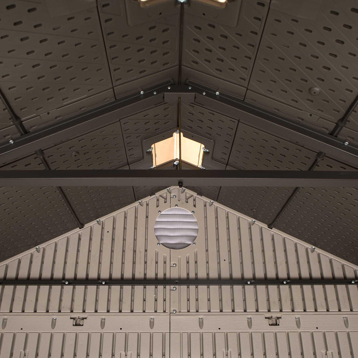 A close up details of the ceiling of a shed with skylight