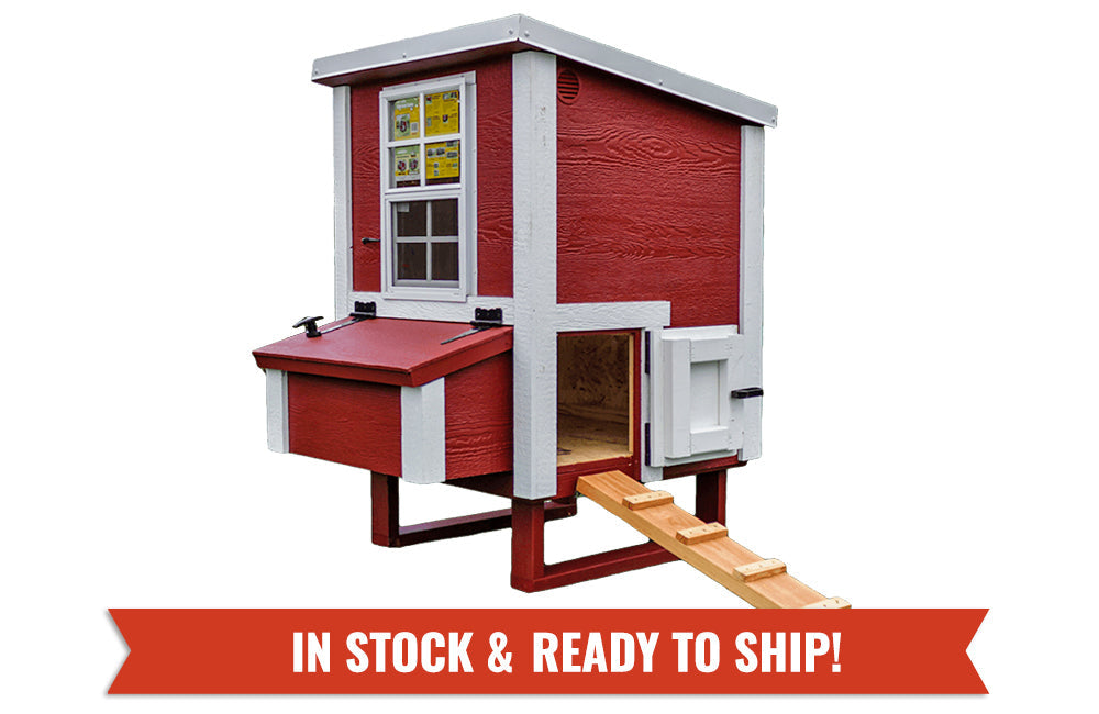 American-made small OverEZ chicken coop featuring red and white colors, ready to ship with a display window.