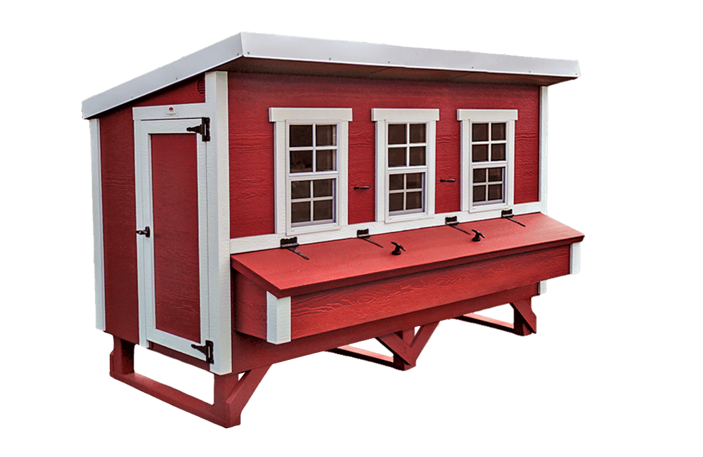 A spacious red OverEZ Chicken Coop with white trim, offering a comfortable and secure living space for a large flock.