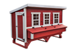 A spacious red OverEZ Chicken Coop with white trim, offering a comfortable and secure living space for a large flock.