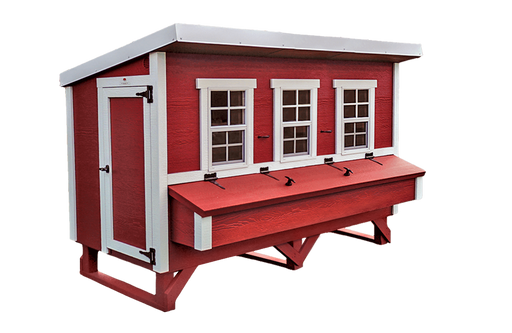 A spacious red OverEZ Chicken Coop with white trim, offering a comfortable and secure living space for a large flock.
