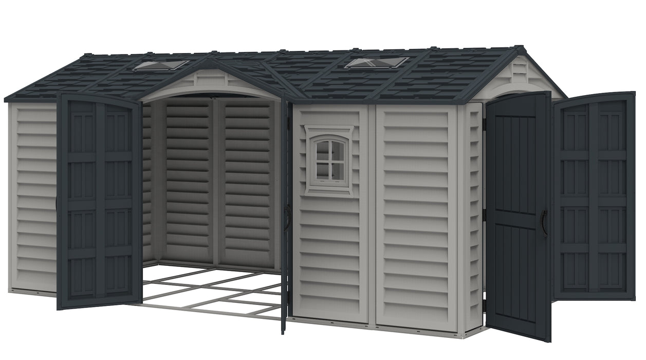 Open view of a Duramax Apex Pro 15'x8' shed, revealing a spacious interior with multiple storage options, set against a white background, perfect for storing gardening tools and equipment.