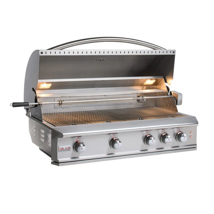 The Blaze Grills Professional LUX 3-4 Burner Built-In Gas Grill With Rear Infrared Burner features knobs and lights, delivering an exceptional grilling experience.
