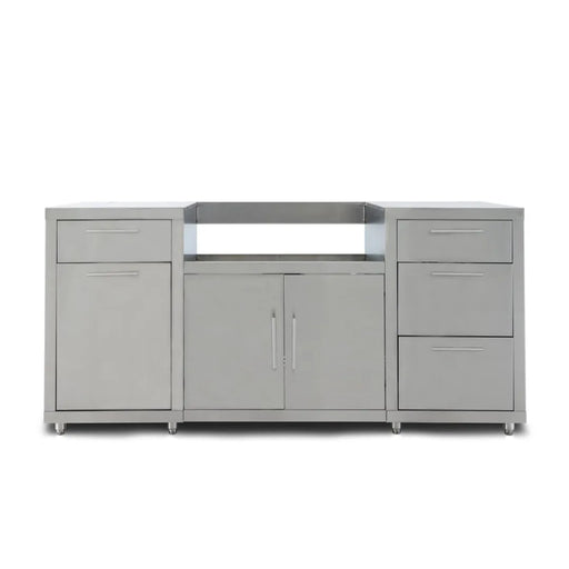 A gray cabinet with drawers and Blaze Grills Stainless Steel Island.