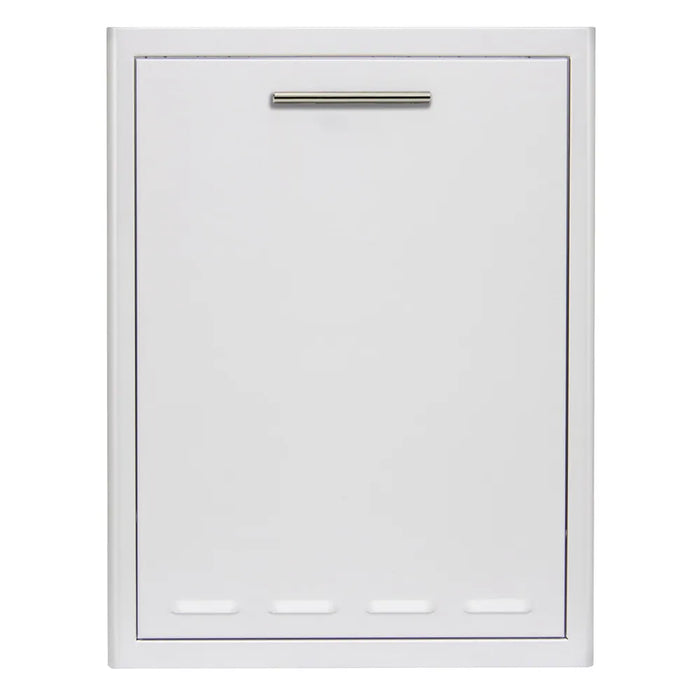 An Blaze Grills 18-Inch Roll Out Trash/Propane Tank Storage Drawer with a white door on a white background.