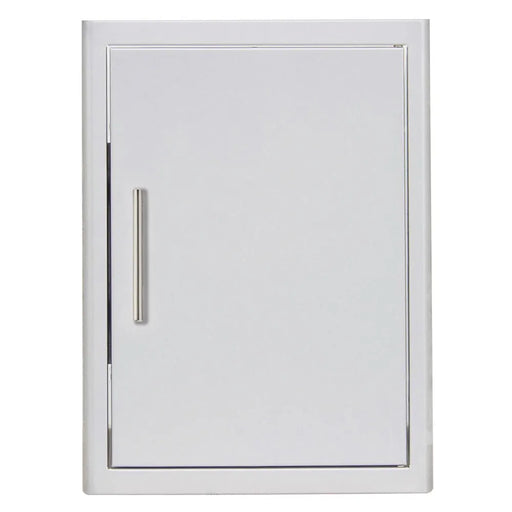 A Blaze Grills 18-Inch Single Vertical Access Door – Right Hinged stainless steel construction cabinet with a handle.