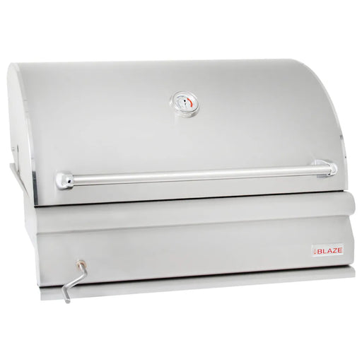 Front view of the Blaze Grills 32-Inch Charcoal Grill with the lid closed, showcasing its sleek and professional design.