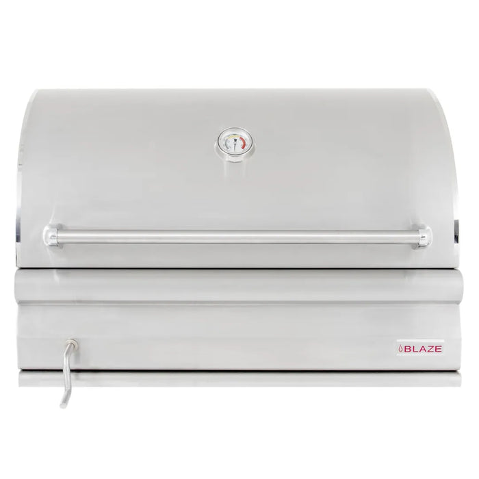 Frontal view of the Blaze Grills 32-Inch Charcoal Grill with the lid closed, showing the temperature gauge and handle.