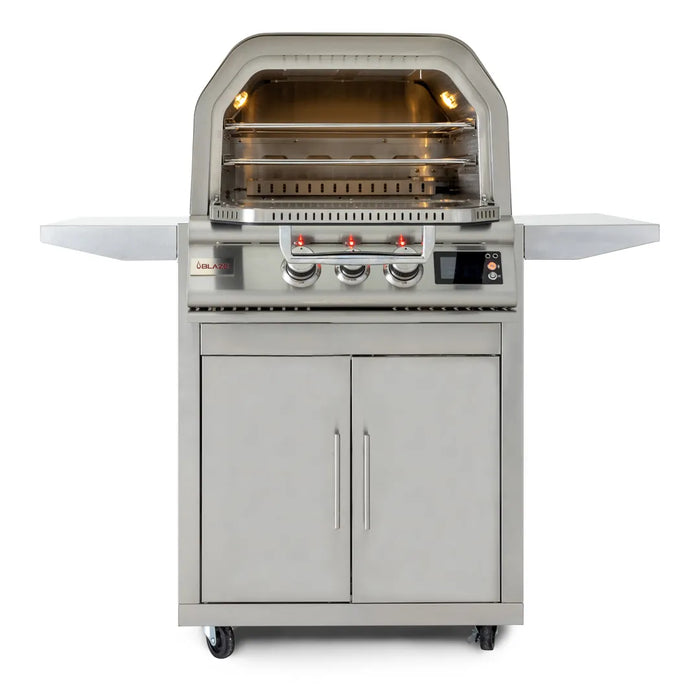 Full frontal view of the Blaze Grills 26-Inch Gas Outdoor Pizza Oven on a stand with the door closed