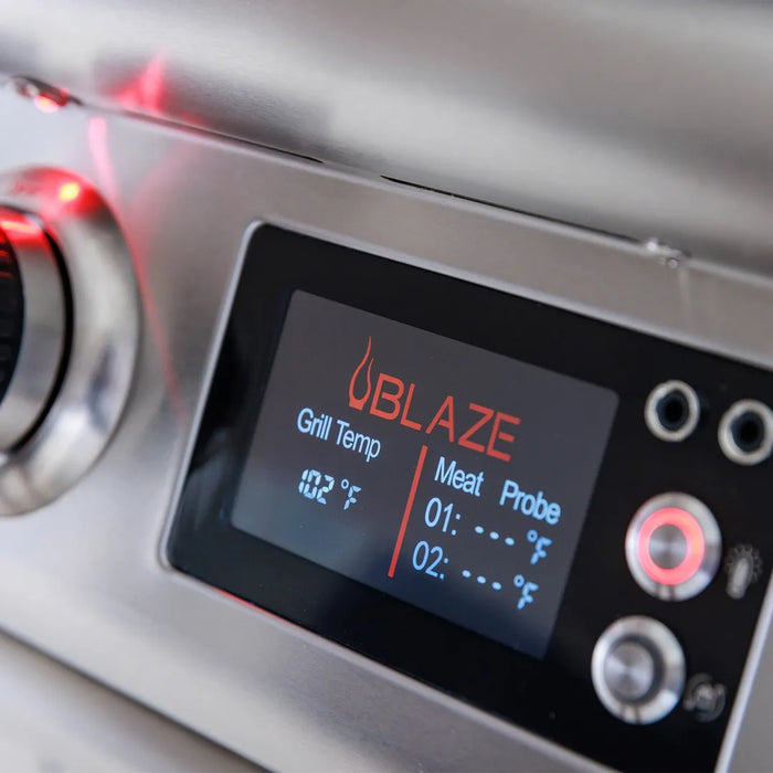 Digital display on the Blaze Grills Pizza Oven showing current grill and meat probe temperatures