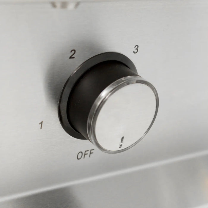 Close-up of the speed control knob on the Blaze Grills 36-Inch Vent Hood, showing the position indicator and sleek interface.