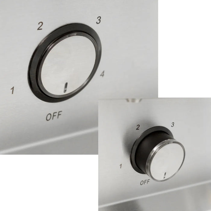 Image of the control panel on the Blaze Grills 36-Inch Vent Hood, featuring both the speed control knob and the lighting, which enhances visibility.