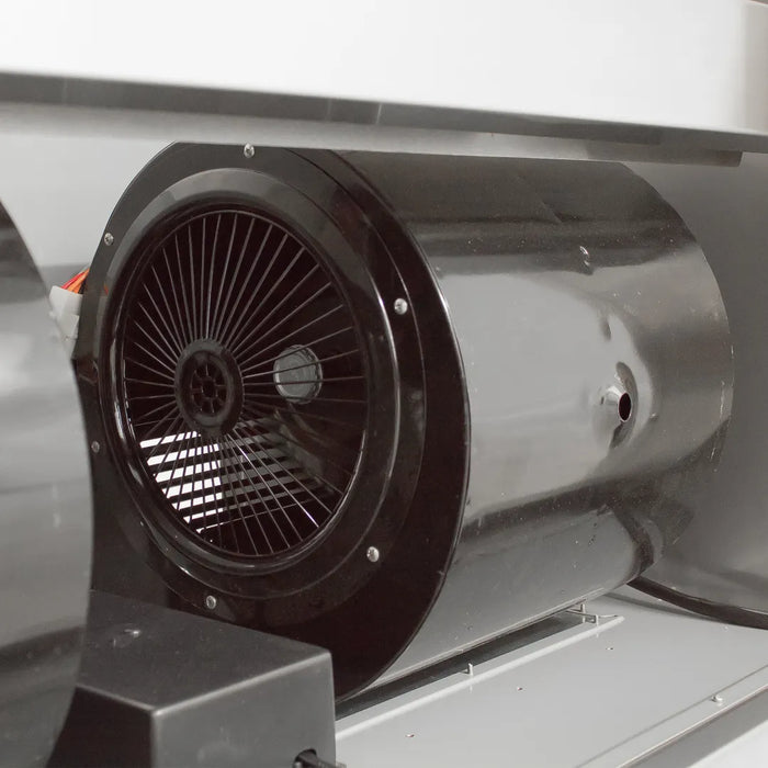 Close-up view of the internal fan mechanism of the Blaze Grills 36-Inch Vent Hood, highlighting the fan blades within the cylindrical housing.