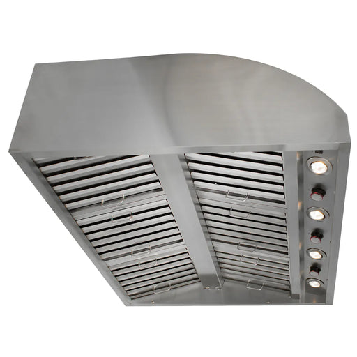 Overhead view of the Blaze Grills 36-Inch Vent Hood showing the curvature of the stainless steel hood and the positioning of the lights on the right side.
