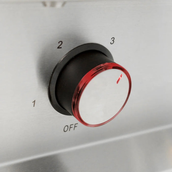 Close-up of the speed control knob on the Blaze Grills 36-Inch Vent Hood, indicating settings 1 through 3 for adjustable ventilation rates.