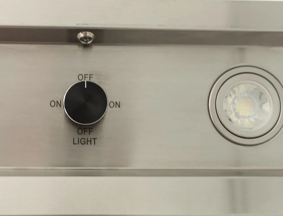 Detailed image of the control knob on the Blaze Grills 42-Inch Vent Hood with labels for power and light settings, adjacent to a built-in light.