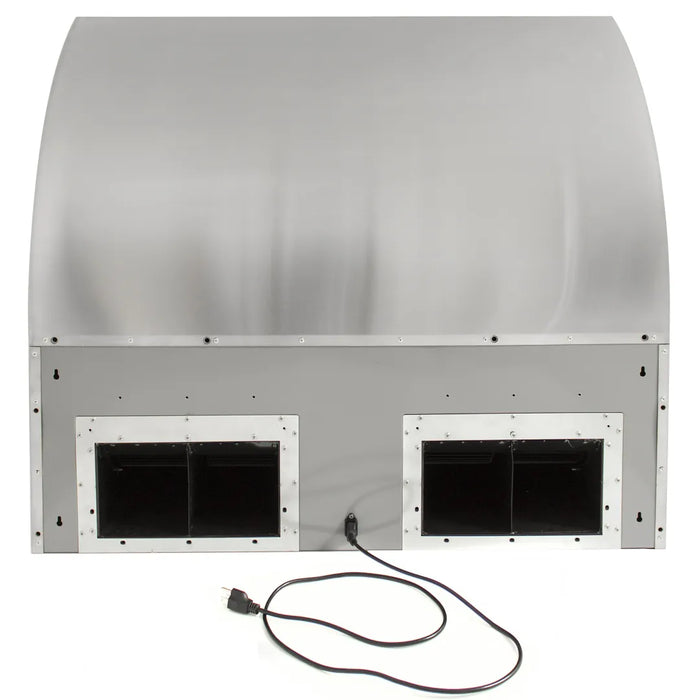 Front view of the Blaze Grills 42-Inch Vent Hood displaying the dual inlet ports and the pre-installed electrical wiring