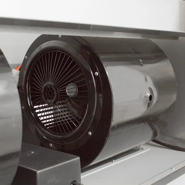 Close-up view of the internal fan mechanism of the Blaze Grills 42-Inch Vent Hood, highlighting the fan blades within the cylindrical housing.