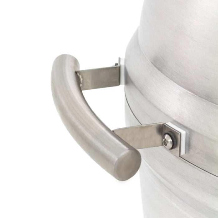 Detailed view of the stainless steel handle attachment on a Blaze Grills 20-inch Kamado Grill, emphasizing the sturdy construction and secure fastening.