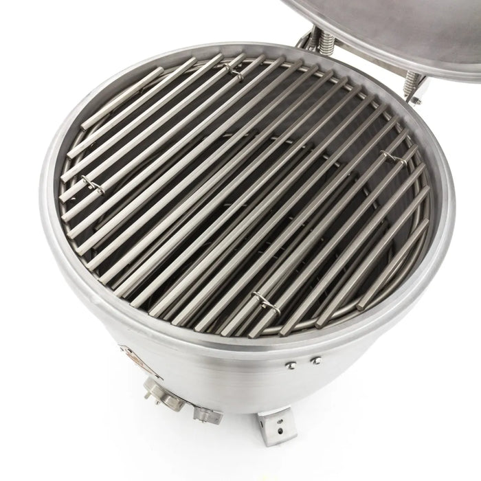 Top view of the Blaze Grills 20-Inch Cast Aluminum Kamado Grill with stainless steel cooking grates in place, ready for grilling.