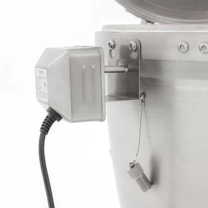 The electric motor component of the Blaze Grills 20-Inch Kamado Rotisserie Kit, complete with the power cord and motor housing.