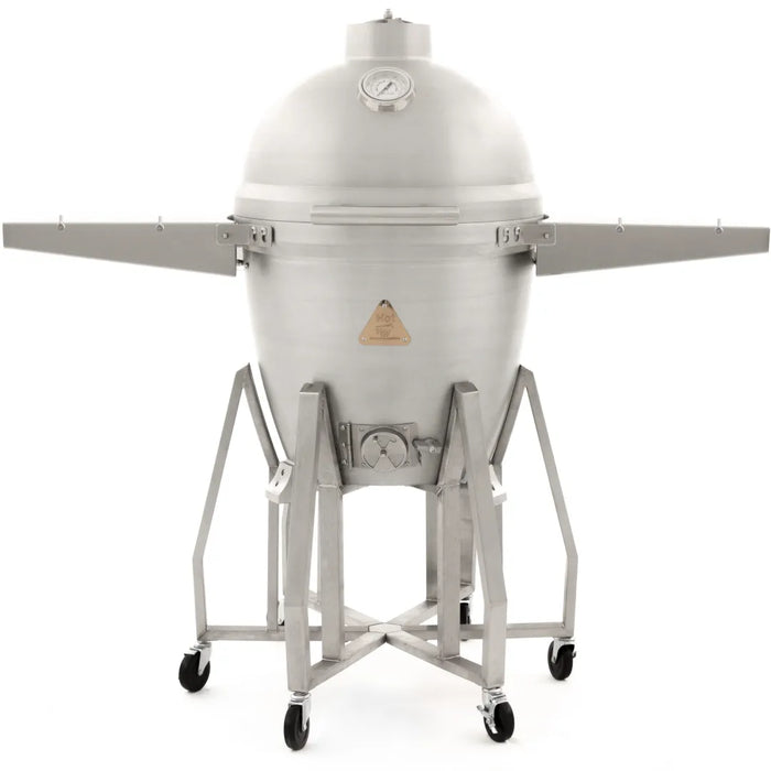  Front view of the Blaze Grills 20-Inch Kamado Grill equipped with the Shelf Kit, featuring stainless steel side shelves with hooks for utensil hanging.