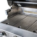A gas grill with the lid open, featuring round rod cooking grates and a rotisserie burner at the back