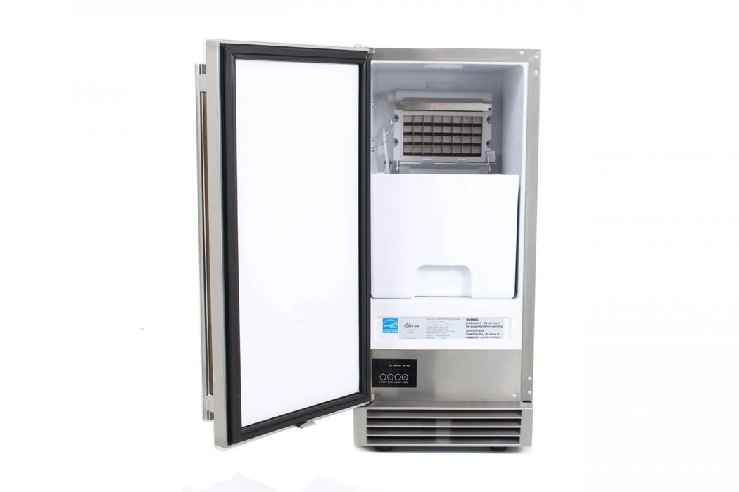 The Blaze Grills Outdoor Ice Maker with the door open, displaying the spacious interior and the ice storage bin.