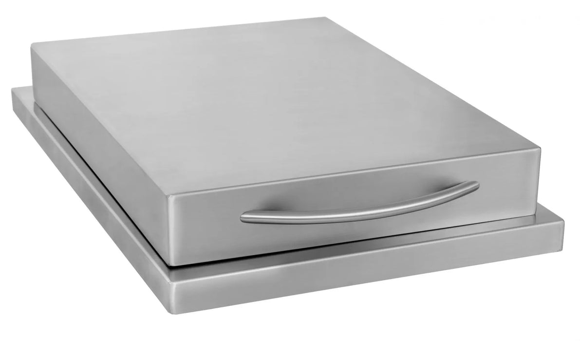Closed drawer of the Blaze Grills drop-in single side burner, showcasing the sleek stainless steel design.