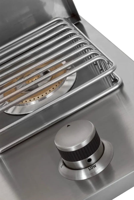 Detailed image of the Blaze Grills drop-in single side burner's cooking grate and control knob.