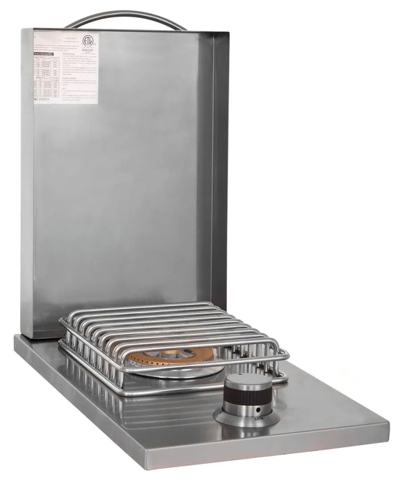 Profile view of the Blaze Grills drop-in single side burner with cooking grate and stainless steel construction
