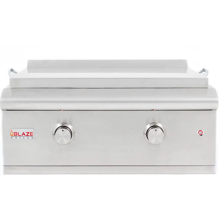 Frontal view of the Blaze Grills 30-Inch Built-in LTE Griddle with lid closed and control knobs in view.