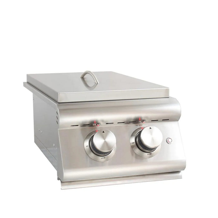 Blaze Grills Premium LTE built-in double side burner with a closed stainless steel lid and LED illuminated control knobs
