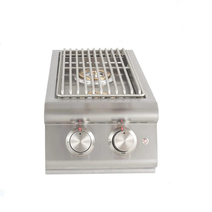 Frontal view of the Blaze Grills Premium LTE double side burner with visible cooking grates and LED lights on control knobs