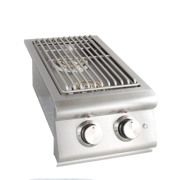 Open view of the Blaze Grills Premium LTE double side burner showing the two burners and cooking grates with control knobs in the front