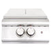 Front view of the Blaze Grills Premium LTE power burner showing the detailed design of the cooking grate and illuminated knobs.
