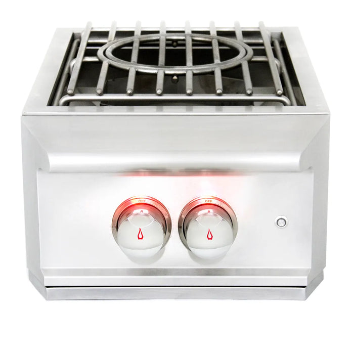 Top view of the Blaze Grills Premium LTE built-in power burner with a heavy-duty cooking grate and glowing control knobs